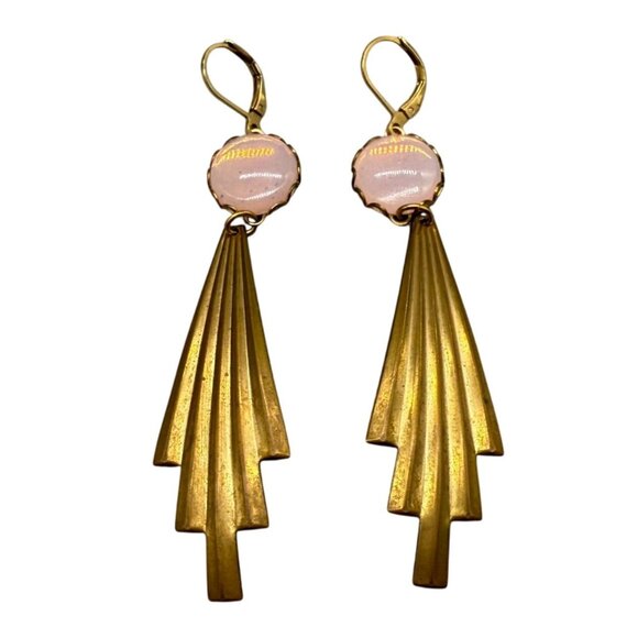 Vintage Pink Crystal Plated Dangle Drop Earrings Brass Tone Retro Classic - Picture 1 of 5